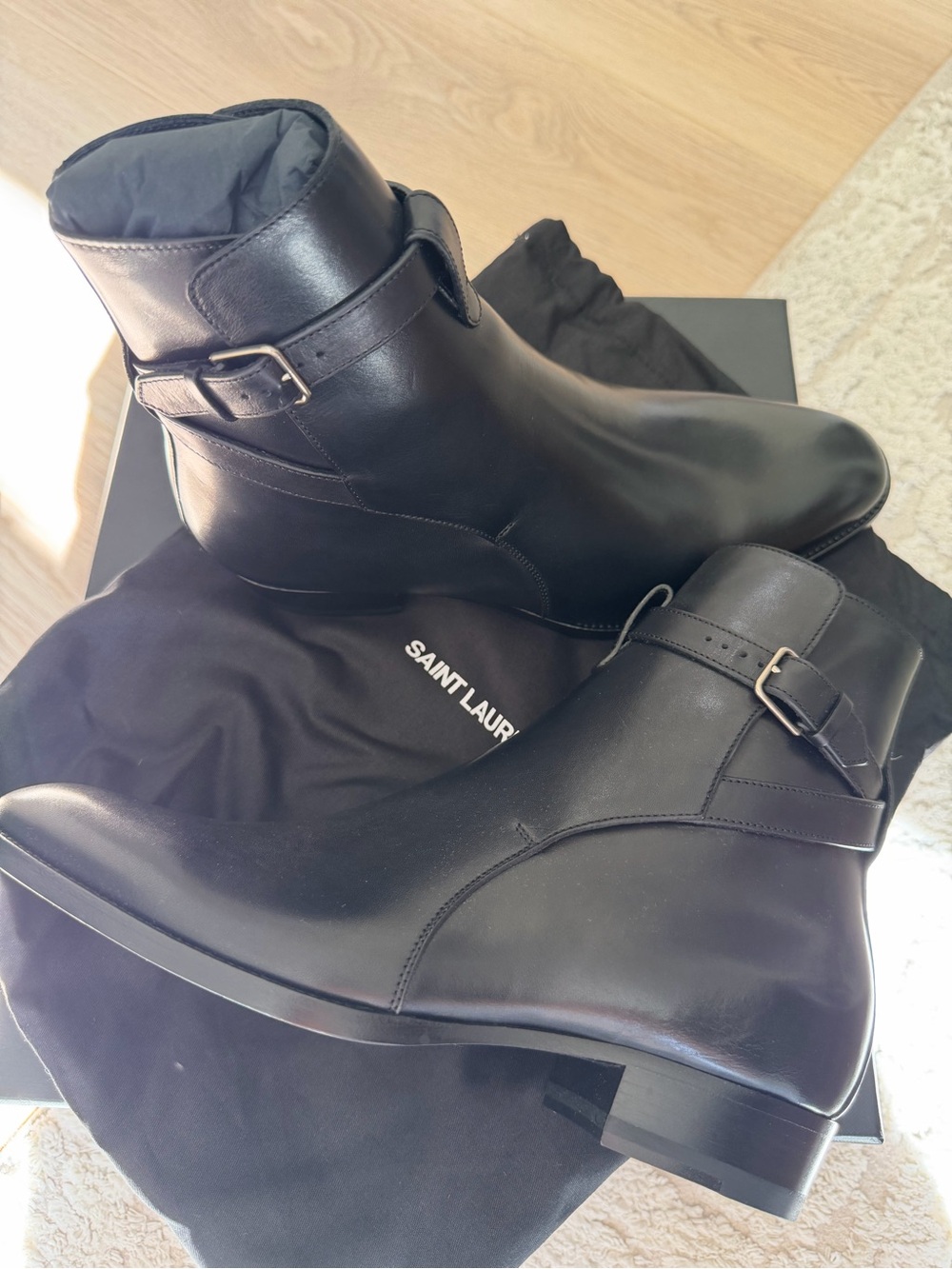 Saint Laurent Black Leather Buckle Jodhpur Boots for Men